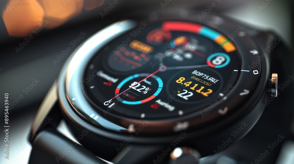 close-up of a modern smartwatch face displaying a custom budget tracker app with sleek graphics and data points close-up of a modern smartwatch face displaying a custom budget tracker app with sleek graphics and data points