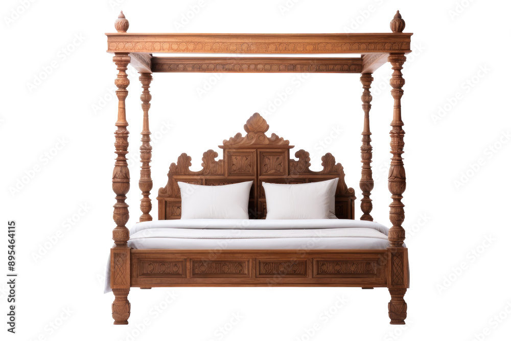 Classic Wooden Four-Poster Bed in Rustic Style isolated on transparent background Classic Wooden Four-Poster Bed in Rustic Style isolated on transparent background