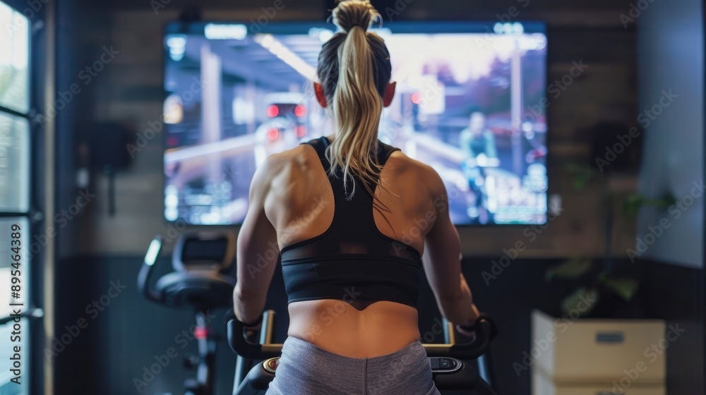 A Woman in Black Top and Grey Leggings on Exercise Bike A Woman in Black Top and Grey Leggings on Exercise Bike