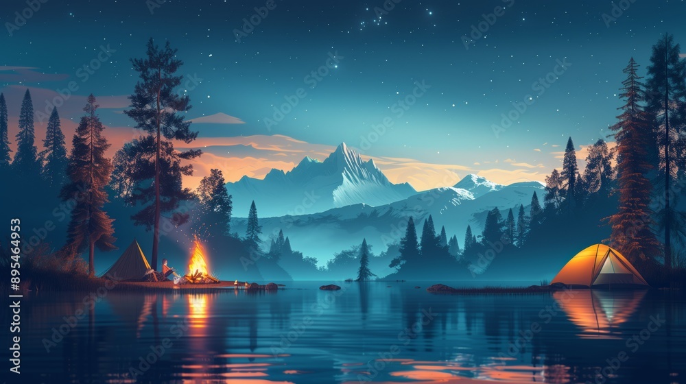 A serene camping scene by a tranquil lake at twilight. The image features two glowing tents nestled among tall pine trees, with a majestic snow-capped mountain range in the background. A serene camping scene by a tranquil lake at twilight. The image features two glowing tents nestled among tall pine trees, with a majestic snow-capped mountain range in the background.