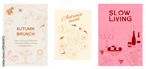 Interior posters set. Collection of Slow living Fall posters. Food Poster template. Editable vector illustration.