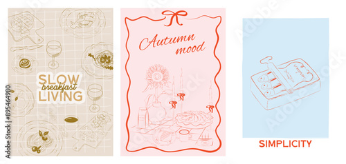Interior posters set. Collection of Slow living Fall posters. Food Poster template. Editable vector illustration.