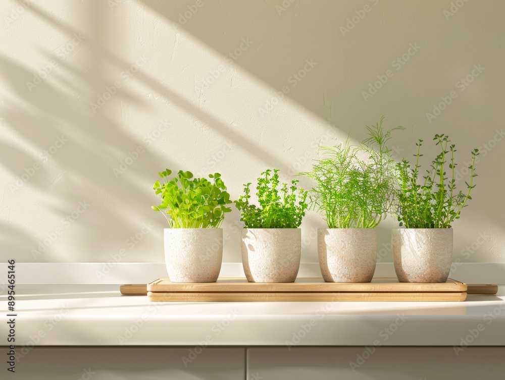 Bright Clean Kitchen with Modern Hydroponic System Growing Herbs and Microgreens Under LED Lights Bright Clean Kitchen with Modern Hydroponic System Growing Herbs and Microgreens Under LED Lights