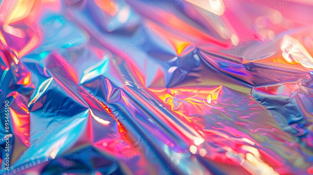 Fototapeta premium Holographic iridescent tinsel with a shiny foil texture, featuring a rainbow-colored neon pastel gradient on a real surface