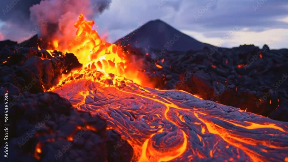 Volcanic Fury Unleashed: A river of molten lava flows from an erupting volcano, illuminating the twilight sky with its fiery glow. Volcanic Fury Unleashed: A river of molten lava flows from an erupting volcano, illuminating the twilight sky with its fiery glow.
