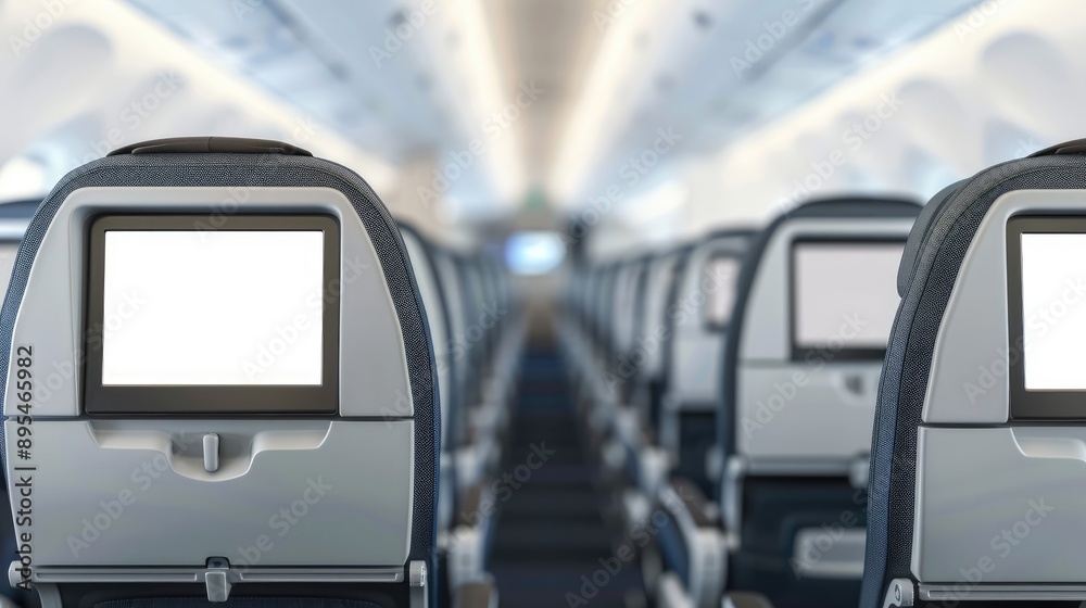 Airplane Seats Equipped with Blank LCD Screen Mockups for Passenger Use Airplane Seats Equipped with Blank LCD Screen Mockups for Passenger Use