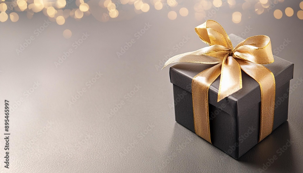  A single, elegantly wrapped gift box with a black paper covering and a golden ribbon bow sits on a smooth, gray surface