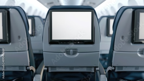 Airplane Seats Equipped with Blank LCD Screen Mockups for Passenger Use