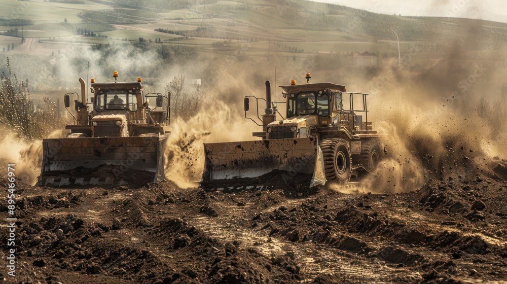 Fototapeta premium Two heavy excavators, a hydraulic loader, a backhoe.