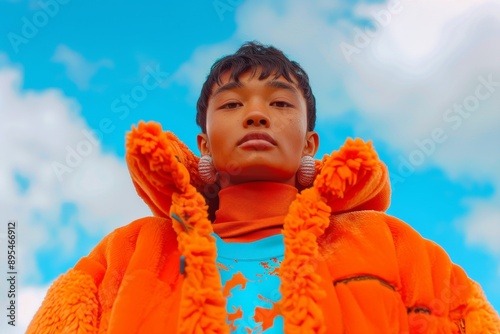 Confident Young Gender-Fluid East Asian Person Posing in Modern Androgynous Fashion, Urban Setting, Natural Lighting photo