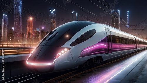 High-speed train in motion, illuminated with neon lights and futuristic design 