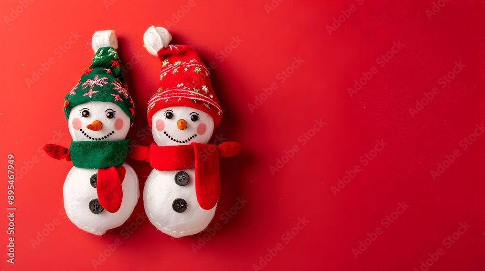 Fototapeta premium Jolly Snowman Elves Dressed for Festive Christmas on Plain Red Background