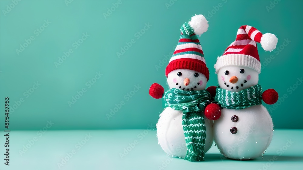 Jolly Snowman Figures Decorated for Christmas in Festive Colors and Attire on Green Background Jolly Snowman Figures Decorated for Christmas in Festive Colors and Attire on Green Background