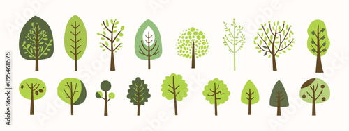 Tree and leaf collection hand drawn flat design element. botanical set of bare trees and ones with leaves and lush limited pastel color