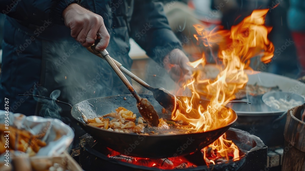 Close-Up of Street Food Cooking in Wok Over Open Flames Close-Up of Street Food Cooking in Wok Over Open Flames
