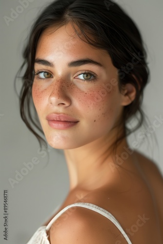 Classic portrait of a woman with freckles and bare shoulders