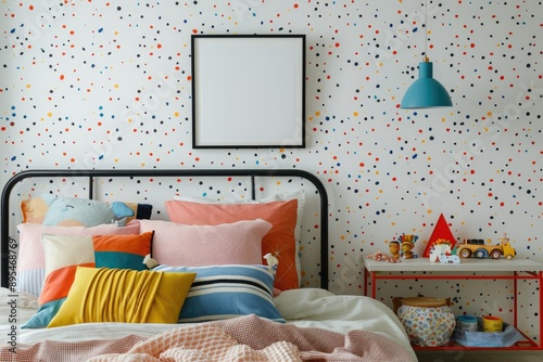 Dreamy and Colorful Kids Bedroom with Whimsical Decor and Blank Poster Mockup for Personalization