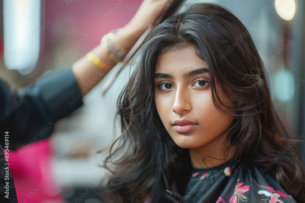 Fototapeta premium a beautiful young fair model woman in the hairdresser salon gets a new haircut