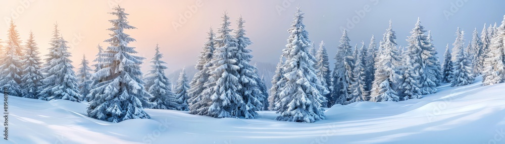 Snow-covered pine trees in a winter landscape, soft light, Flora, Winter Pinescopy space for text, focus cover all object, deep dept of filed Snow-covered pine trees in a winter landscape, soft light, Flora, Winter Pinescopy space for text, focus cover all object, deep dept of filed