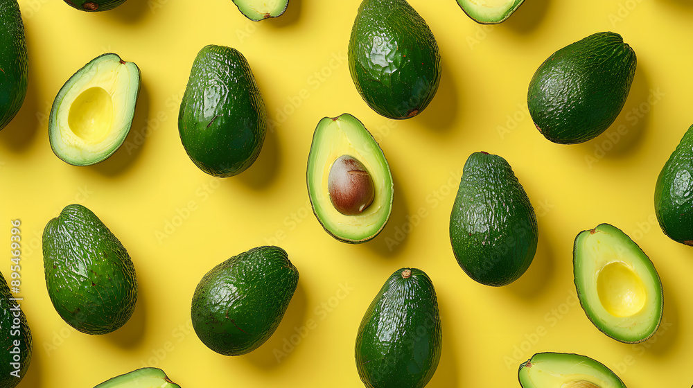 Avocado pattern on Yellow background. Top view. Banner. Pop art design, creative summer food concept. Green avocadoes, minimal flat lay style. Avocado pattern on Yellow background. Top view. Banner. Pop art design, creative summer food concept. Green avocadoes, minimal flat lay style.