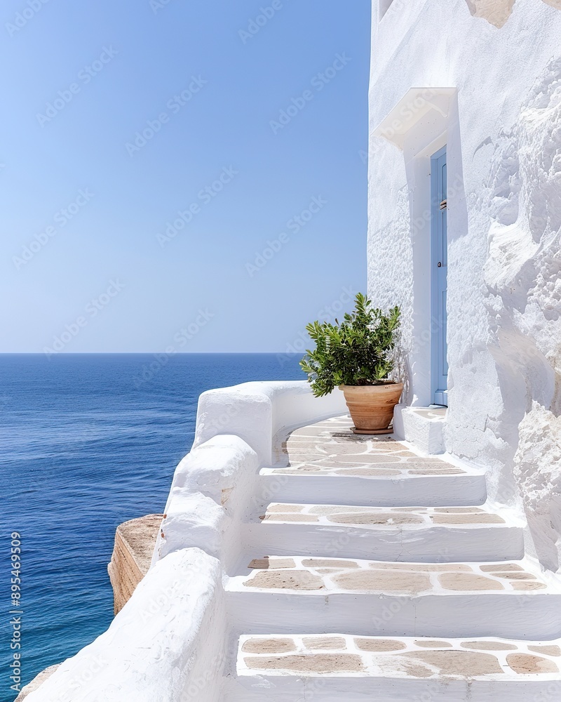 Fototapeta premium white greek house with blue doors and windows, stone path leading to the sea in front of it