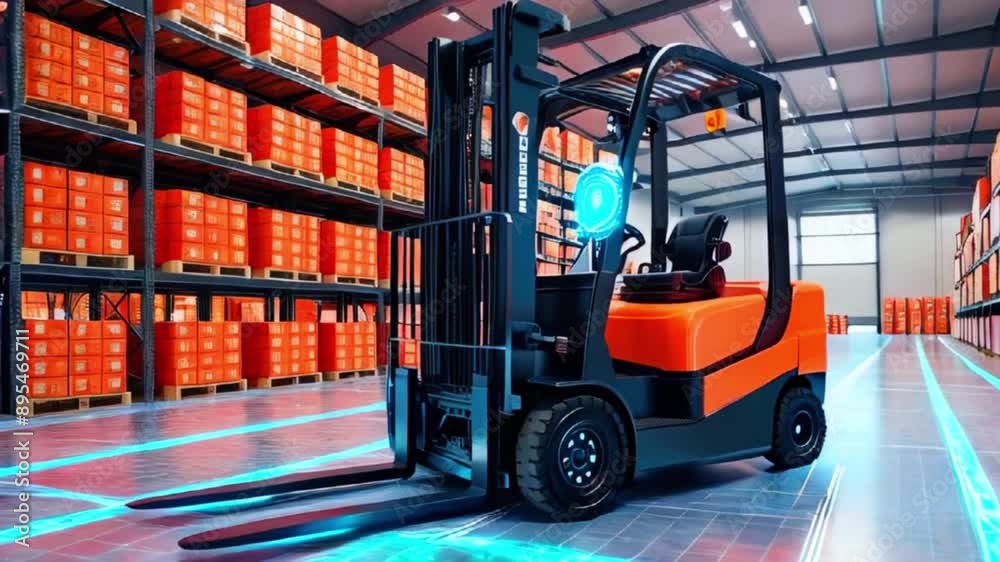 A forklift is in a warehouse with rows of shelves full of boxes. The floor is marked with blue lines. A forklift is in a warehouse with rows of shelves full of boxes. The floor is marked with blue lines.