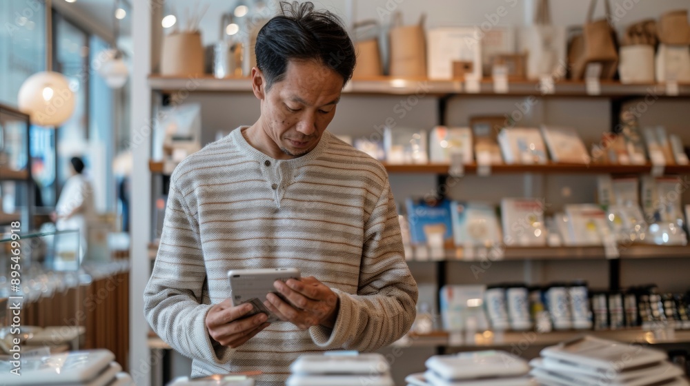 Thoughtful Adult East Asian Man Comparing Products in Modern, Naturally Lit Electronic Store, Demonstrating Informed Consumer Decision Making During Daytime