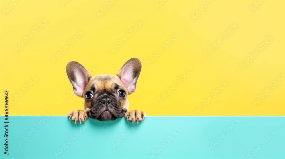 Cute French Bulldog Peeking Over A Yellow and Blue Wall Cute French Bulldog Peeking Over A Yellow and Blue Wall