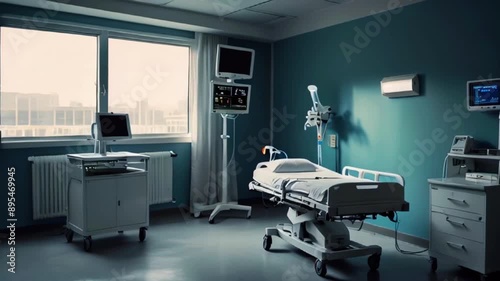 The video shows a hospital room with a bed, medical equipment, and a window. photo