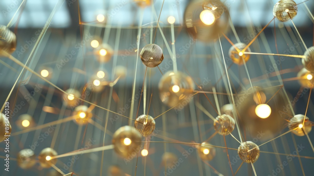 Obraz premium conceptual art installation representing a budget as a network of suspended golden threads connecting various financial points