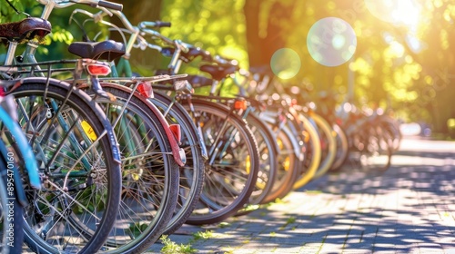 Fototapeta Naklejka Na Ścianę i Meble -  Parked Bicycles in a Row on City Sidewalk