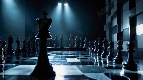 The video shows a chessboard with black chess pieces, including the queen, in the foreground with spotlights on them. The background is a wall with a black and white pattern.