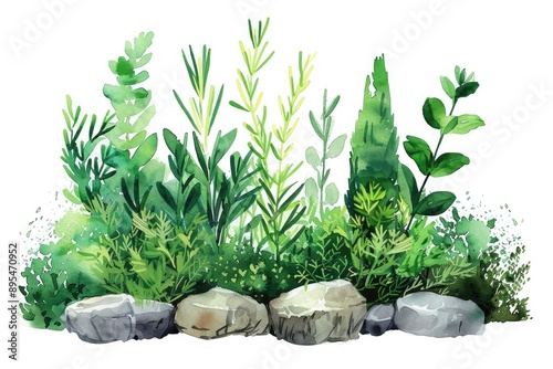 Beautiful watercolor illustration of lush green plants and stones, perfect for nature-themed designs and projects.