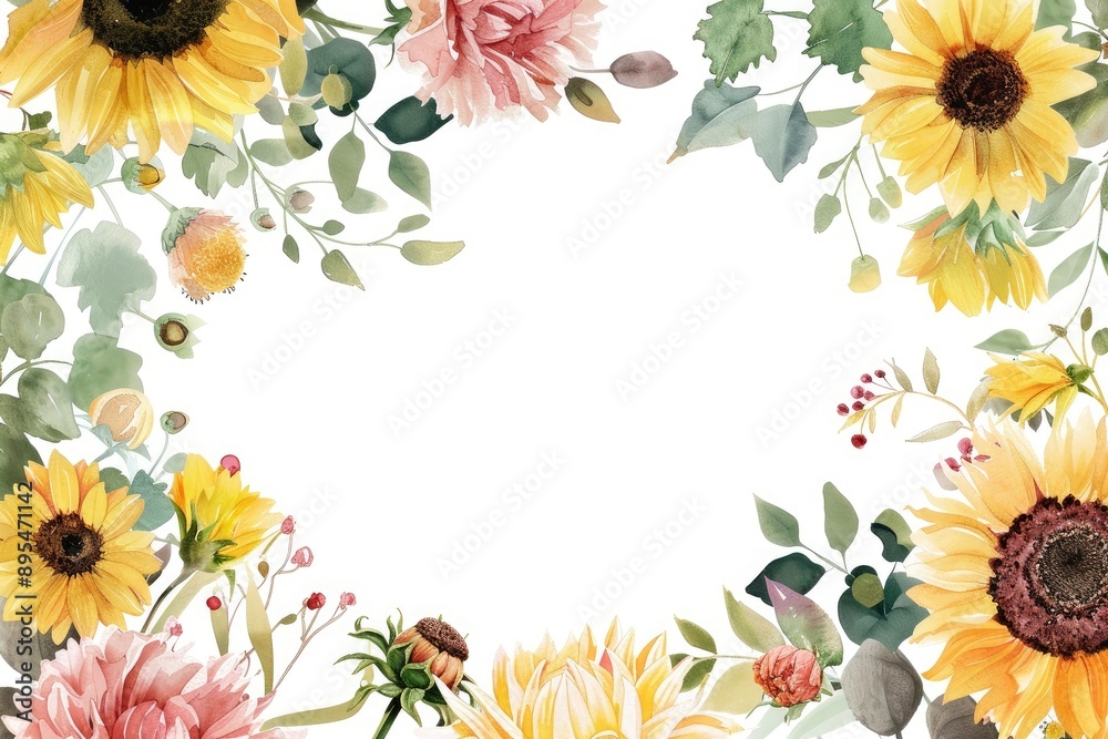 Obraz premium Vibrant watercolor illustration of a botanical frame with sunflowers and peonies in rich shades framed by cascading foliage