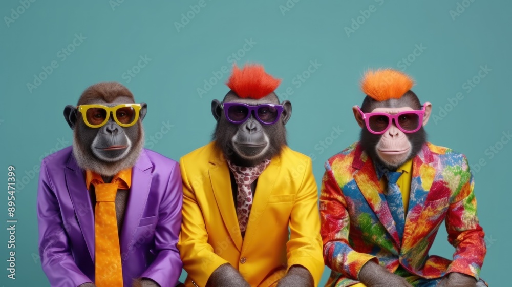 Three Monkeys Dressed in Suits and Sunglasses Three Monkeys Dressed in Suits and Sunglasses