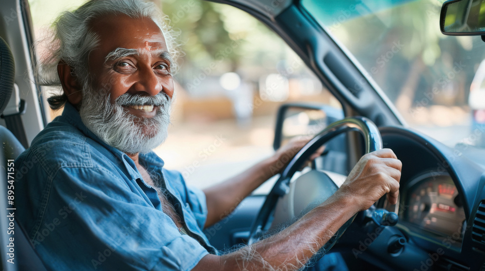 A happy elderly Indian man is driving his car, with the steering wheel A happy elderly Indian man is driving his car, with the steering wheel