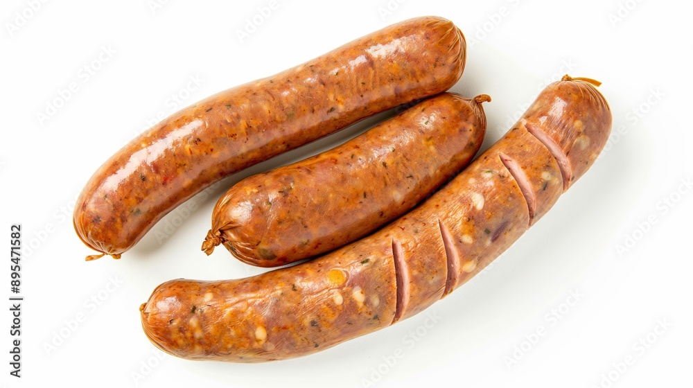 Three Cervelat Sausages on White Background Three Cervelat Sausages on White Background