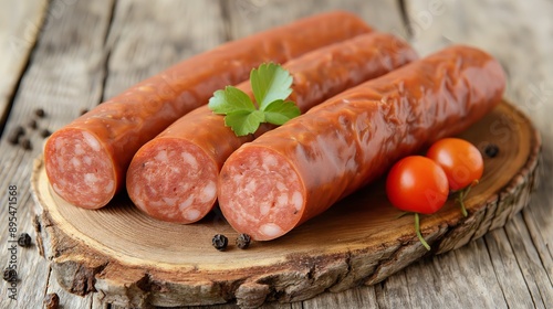 Cervelat Sausages with Cherry Tomatoes on Rustic Board photo