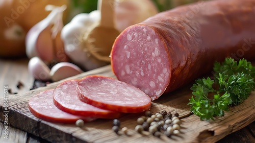 Sliced Cervelat with Garlic and Pepper on Rustic Board photo