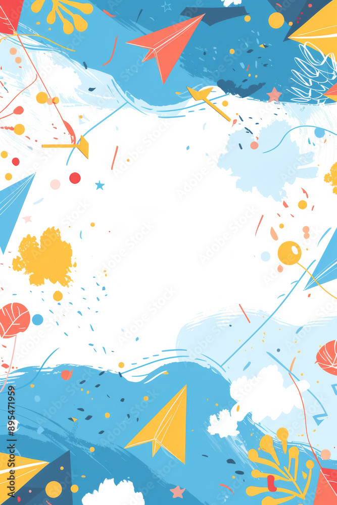 A colorful abstract back-to-school design with paper airplanes, clouds, and stars. The background is blue and white with copy space for text. Back to school. A colorful abstract back-to-school design with paper airplanes, clouds, and stars. The background is blue and white with copy space for text. Back to school.