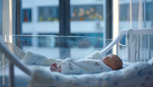 Cute Little Newborn Baby Lying in Bassinet in a Maternity Hospital