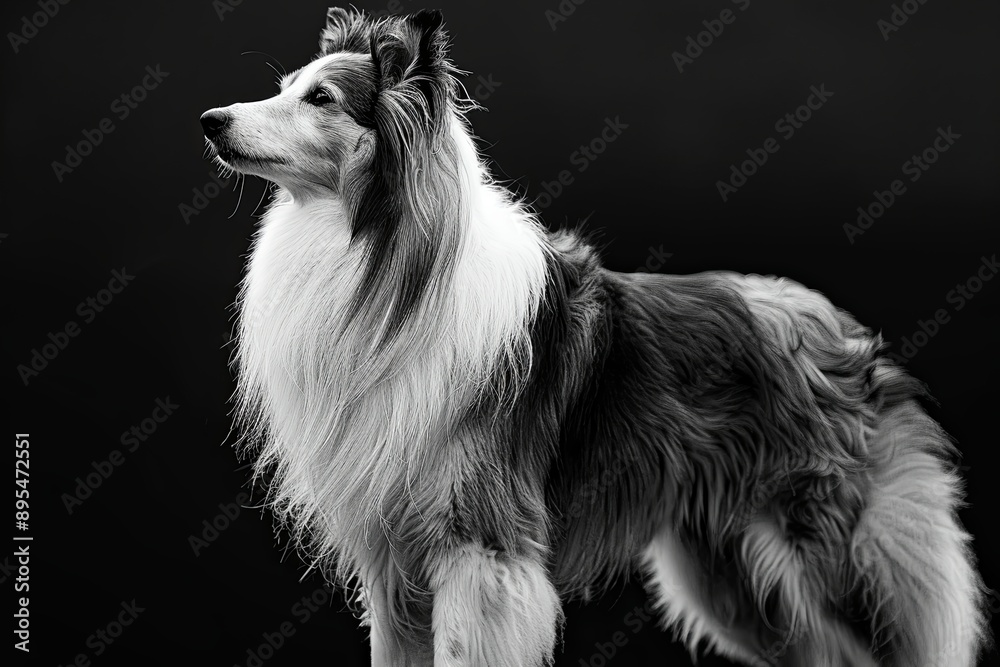 Fototapeta premium A Majestic Collie With Thick Fur Stands Against a Black Background. Generative AI