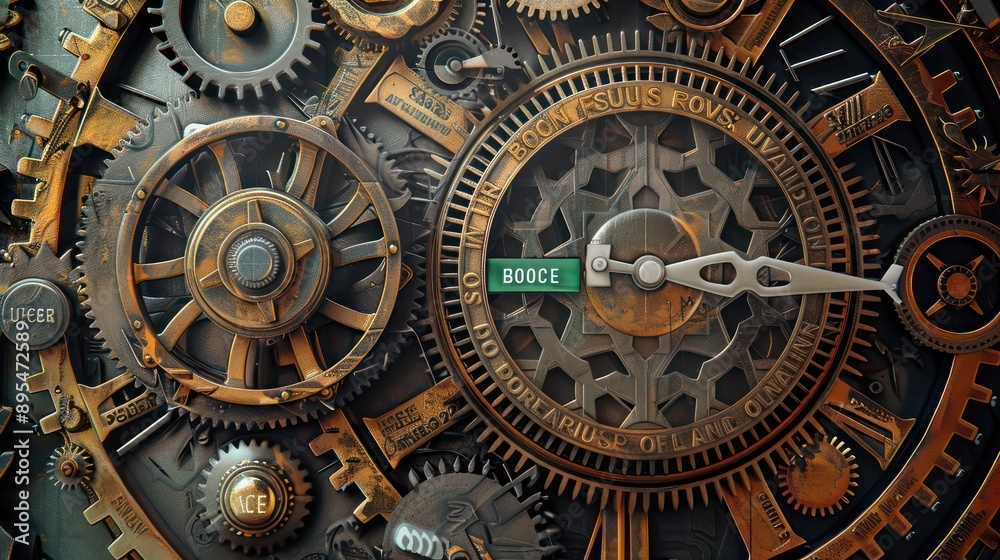 conceptual art piece depicting a budget as a large, intricate clockwork, with each cog and wheel meticulously labeled with budget terms conceptual art piece depicting a budget as a large, intricate clockwork, with each cog and wheel meticulously labeled with budget terms