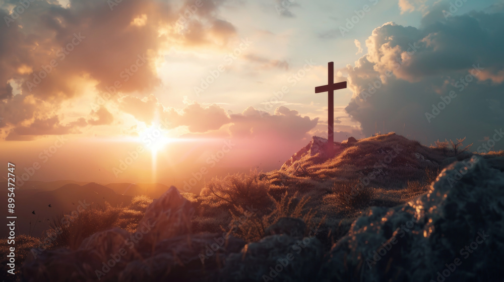 A banner for Good Friday shows a cross on a hill. A banner for Good Friday shows a cross on a hill.
