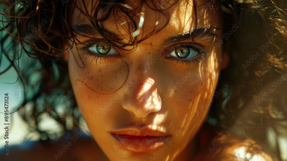 Portrait of a 20-Year-Old Brazilian Woman with Curly Hair and Striking Eyes in an Art Gallery Setting. Fine Art Print with a Striking Composition and Contrast Capturing the Essence of a Summer Scene. Portrait of a 20-Year-Old Brazilian Woman with Curly Hair and Striking Eyes in an Art Gallery Setting. Fine Art Print with a Striking Composition and Contrast Capturing the Essence of a Summer Scene.