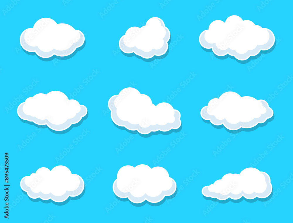 Set of clouds, collection of nine vector sky clouds in white color on blue background. Cloud. Abstract white cloudy set isolated on blue background. Clouds vector set. Vector illustration. Set of clouds, collection of nine vector sky clouds in white color on blue background. Cloud. Abstract white cloudy set isolated on blue background. Clouds vector set. Vector illustration.