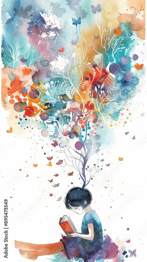 Fototapeta premium A watercolor illustration depicting a young girl immersed in a book, with a vibrant, abstract tree growing from her head, symbolizing the power of imagination, knowledge, growth, and the transformativ