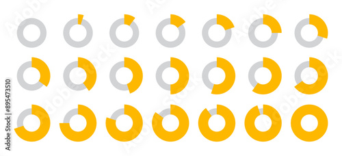 0 to 100 Infographic divided circles set in yellow and grey color in thin and thick circles new style with 5, 10, 15, 20, 50, 70, 90, 100 percent for business data and analysis presentation.