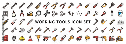 Big set of work tool icons for graphics (Hand-drawn line, colored version)
