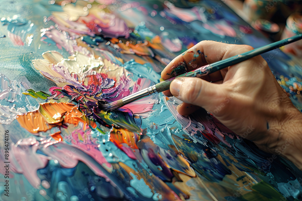 Fototapeta premium Artist creating detailed painting, effort in creative process